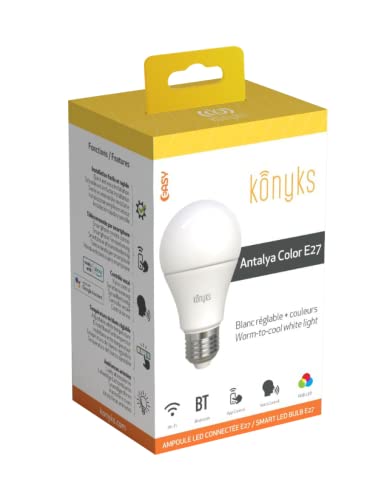 Bombillas conectadas Konyks Antalya COLOR E27 - LED WiFi + Bluetooth, 1055 lúmenes, colores + blanco ajustable, compatible con Alexa o Google Home, Rutines sencillas.
