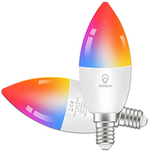ANTELA Bombilla Inteligente LED WiFi Compatible con Alexa/Google Home, 4.5W 385LM E14 RGB Regulable 16 Millones de Colores Blanco Cálido/Frío 2700K-6500K RA80,2PCS