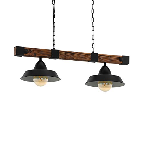 EGLO Lámpara colgante OLDBURY, lámpara colgante vintage con 2 bombillas de estilo industrial, lámpara colgada de acero y madera, color negro, marrón rústico, casquillo E27, L 86 cm