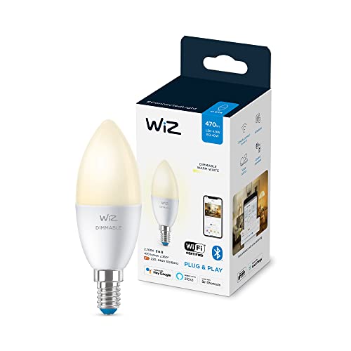 WiZ 929002448502 Bombilla LED inteligente Wi-Fi, 4,9W (Eq. 40 W) E14 tipo vela, Luz cálida ajustable con tecnología SpaceSense y compatible con Alexa y Google Home