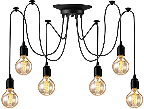 Lámpara colgante vintage Edison ajustable, lámpara de techo, lámpara industrial, color negro, 1/3/5/6 cabeza (6 soportes para bombillas)