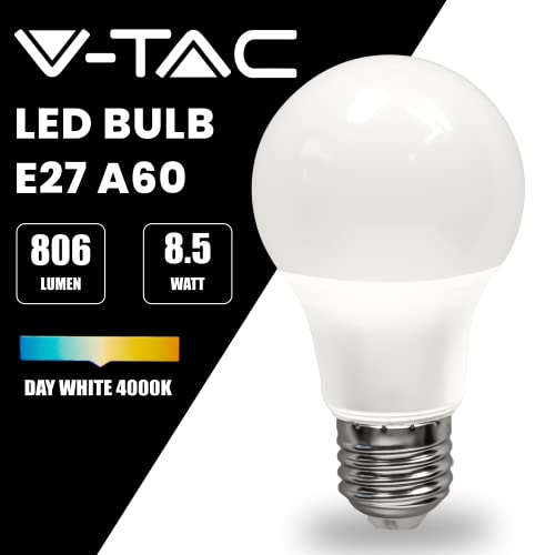 V-TAC 10x Bombillas LED E27, Edison - A60, 8,5W (Equivalente a 60W) - 806 Lumen - 4000K Blanco Neutro - Apertura del Haz de Luz 200° - Máxima Eficiencia y Bajo Consumo, VT-2099-10
