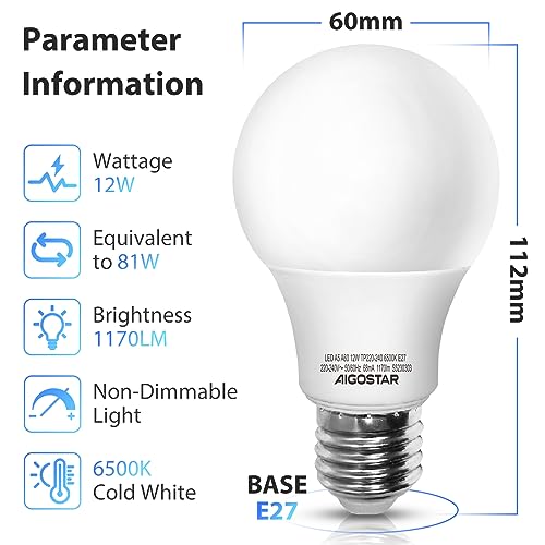 Aigostar Bombilla LED E27 12W, Luz blanca fría 6400K, 1020 lúmenes, Lámpara A60, Ángulo 280º, Ahorro de energía, No regulable - Caja de 7 unidades