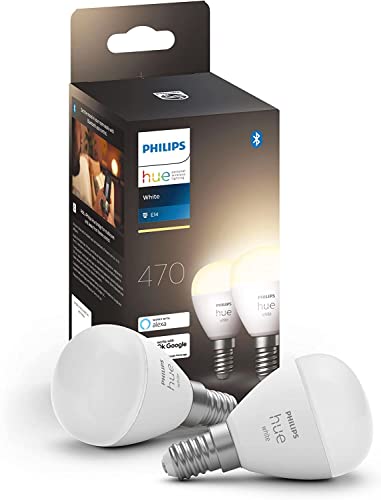 Philips Hue - Bombilla LED Inteligente, E14, Esférica pequeña, Luz cálida regulable, 5.7W 470 lúmens, Compatible con Alexa y Google Home - Pack de 2 Bombillas LED inteligentes