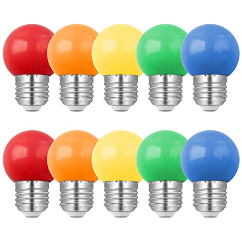 Bombillas LED de Colores E27 1W, G45 Bombilla Mini de Colores Lámpara, Equivalente 10W, Color Naranja, Rojo, Amarillo, Azul, Verde para Exterior, Patio, Iluminación Navideña, Halloween, Paquete de 10