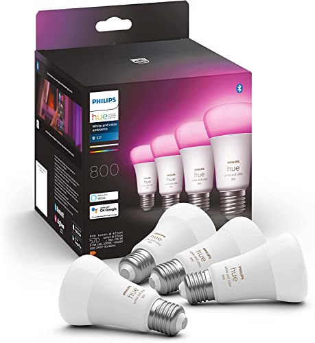 Philips Hue - Bombilla LED Inteligente, A60 E27, Luz Blanca y de Colores, 6.5W (Eq. 60W), 806 lúmens, Compatible con Alexa y Google Home - Pack de 4 Bombillas LED Inteligentes