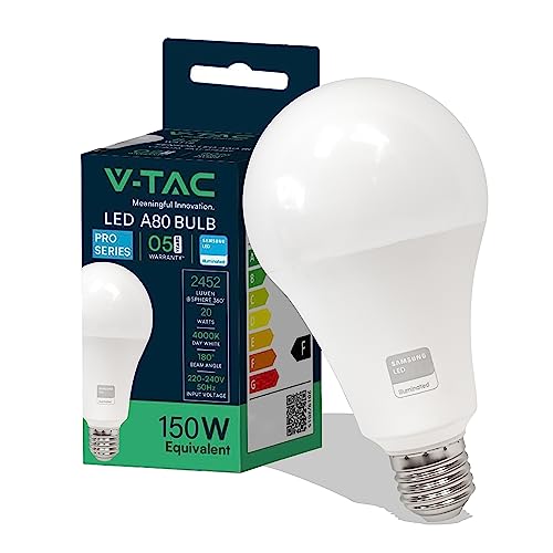 V-TAC Bombilla LED E27 - A80 - 20W (Equivalente a 150W) - 2452 Lumen - 4000K Blanco Neutro - Apertura del Haz de Luz 200° - Máxima Eficiencia y Bajo Consumo