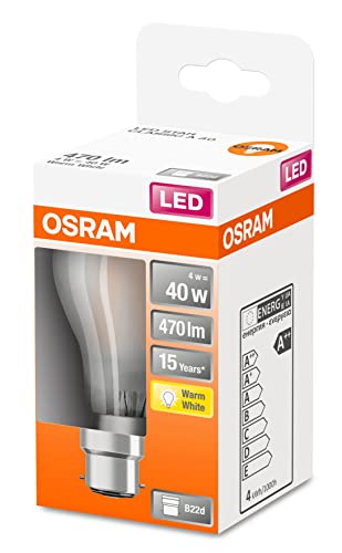 OSRAM Lámpara LED Star de filamento esmerilado, casquillo B22d, blanco cálido (2700K), forma de bombilla, juego de recambio para bombillas convencionales de 40W, paquete de 1