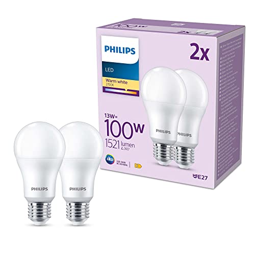 Philips - Bombilla LED A60 13W (Eq. 100W) 1521 lúmenes, casquillo E27, Luz Blanca Cálida (2700k) - Pack 2 Bombillas