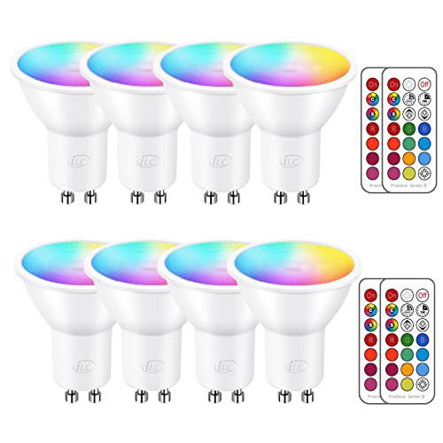 iLC Bombilla LED Foco GU10 Colores RGBW Bombillas spot Cambio de Color Regulable Blanco Cálido 2700k Casquillo - RGB 12 Colore - Control remoto Incluido - Equivalente de 40 Watt (Pack de 8)