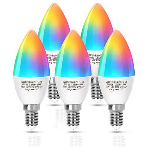 Aigostar Bombilla LED inteligente WiFi vela C37, 5W, E14 rosca fina, RGB + CCT. Regulable multicolor + luz cálida o blanca 3000 a 6500K. Compatible Alexa y Google Home. Pack 5 uds