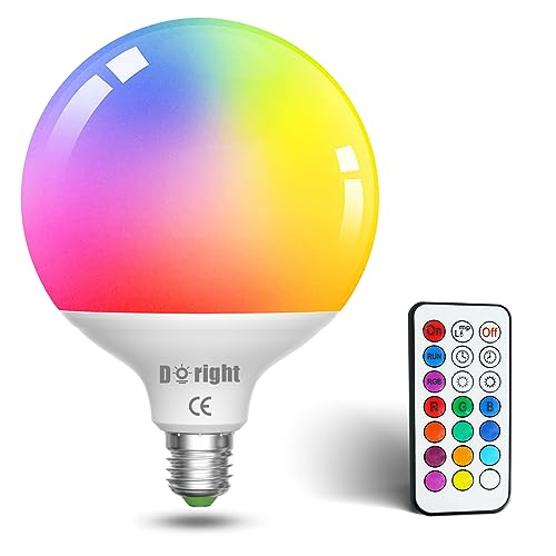 DoRight E27 Bombillas Colores RGBW, LED Bombilla regulable G120 10W (80W Equivalente), con mando a distancia, función de memoria y temporizador, bombilla LED de colores para el hogar, decoración