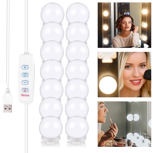 YOYIAG Ajustable Luces de Espejo: 14 bombilla Luces de Espejo de Maquillaje con Cable USB, 3 Modos de Color y 10 Brillos Ajustables Luces de Espejo LED para Espejo Cosmético Tocador