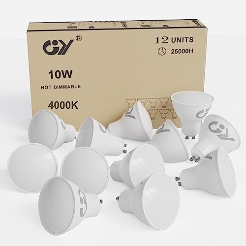 GY 12 bombillas LED GU10, 10 vatios (equivalente a 100 vatios), 1100 lúmenes, 4000K blanco neutro, se pueden usar para iluminación de inundación amplia integrada, listada en CE, No regulable