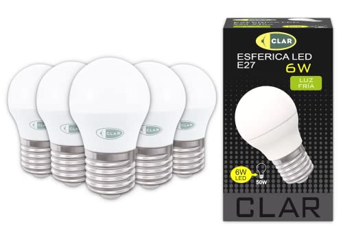 CLAR - Bombilla LED E27 Pequeña 6W E27, Bombilla Bajo Consumo, E27 Bombilla LED (Casquillo Gordo), No Regulable, 6W Luz Fría 6000ºK (Pack 5)