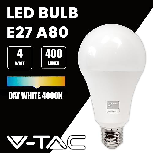 V-TAC Bombilla LED E27 - A80 - 20W (Equivalente a 150W) - 2452 Lumen - 4000K Blanco Neutro - Apertura del Haz de Luz 200° - Máxima Eficiencia y Bajo Consumo