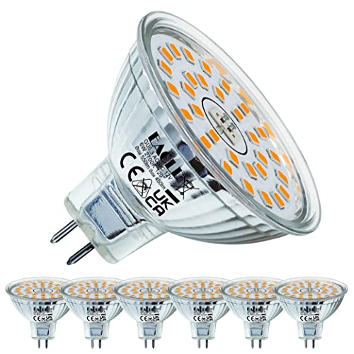 EACLL Bombillas LED GU5.3 Blanco Cálido, 6W Equivalente 50W MR16 Halógena, Pack de 6, Focos Sin Parpadeo AC/DC 12V, 2700K 450 Lúmenes 120 ° Spotlight, Lámpara Reflectora no Regulable