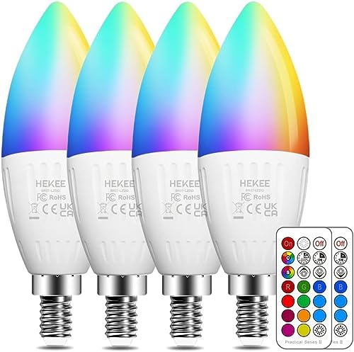 Bombilla LED E14 5W (equivalente a 40W), Bombilla de Vela, Colores RGBW Cambio de Color 2700K Blanco Cálido RGB Regulable casquillo fino mando Incluido (4 unidades)