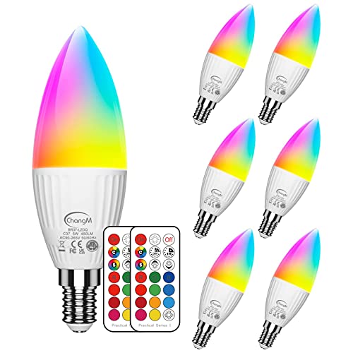 Bombilla LED E14 RGB, Bombilla de Vela, LED Bombilla Regulable Cambio de Color - Control Remoto Incluido, Blanco Frio 5700K, (6 Unidades)