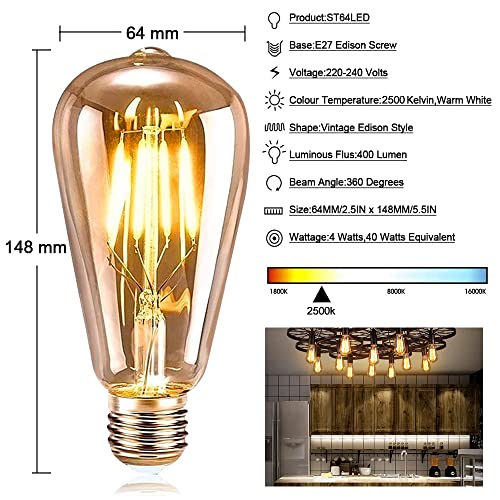 Vintage Lámpara Edison, ASANMU LED E27 ST64 4W (Equivalente a 40W) 2500K, Blanco/Ambar Cálido, Bombillas Incandescentes para Lluminación y Decoración 220V-240V (3 Piezas)