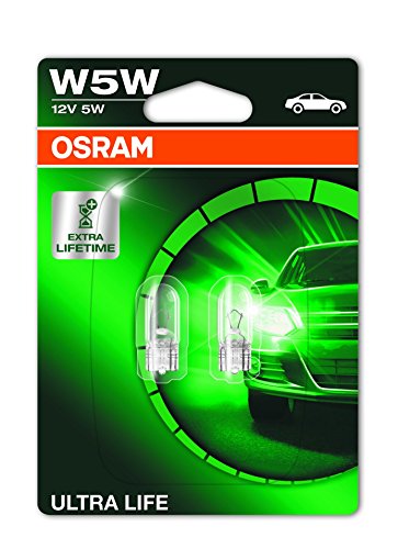OSRAM ULTRA LIFE W5W, Lámpara halógena, luz de matrícula y de posición, 2825ULT-02B, automóvil de 12 V, ampolla doble (2 unidades)