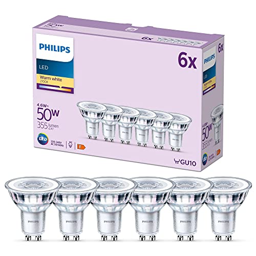 Philips - Bombilla tipo foco 4.6W (Eq. 50W) 355 lúmenes, casquillo GU10, Luz Blanca Cálida (2700k) - Pack 6 Bombillas