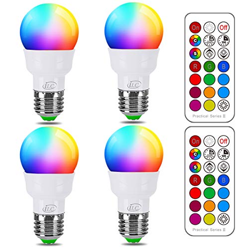 iLC Bombilla Colores LED, Equivalente 40W, E27 5 Watt Blanco Cálido (2700K) RGB Regulable Cambio de Color Edison Control remoto (Pack de 4)