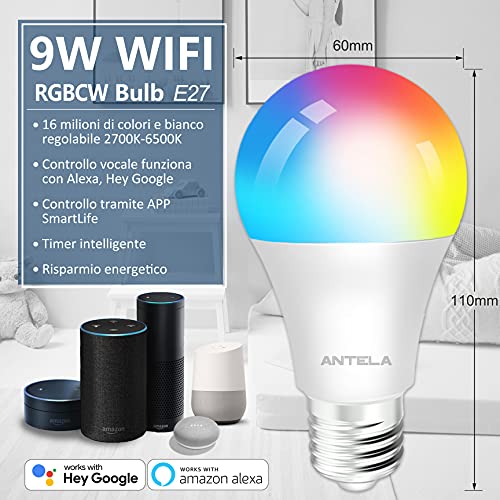 ANTELA Bombilla Inteligente LED E27 Wifi 9W Compatible Con Google Home/Alexa, Bombilla RGB(2700K-6500K) Luces Colores Regulable, Control Remoto,Control De Voz, Ahorro Energético, Paquete 2