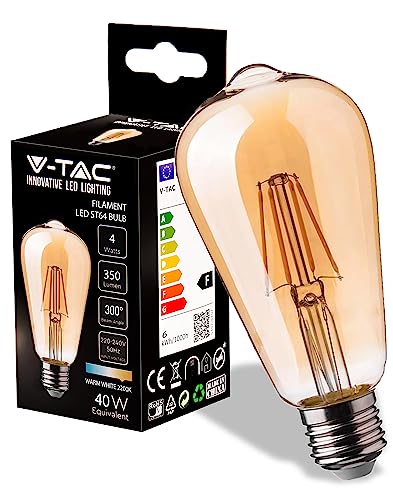 V-TAC ST64 Bombilla LED Filamento Ámbar ST64 - E27-4W (Equivalente a 30W) - 350 Lumen - Bombilla Cristal Vintage Retro - Máxima Eficiencia y Ahorro Energético - 2200K Blanco Cálido